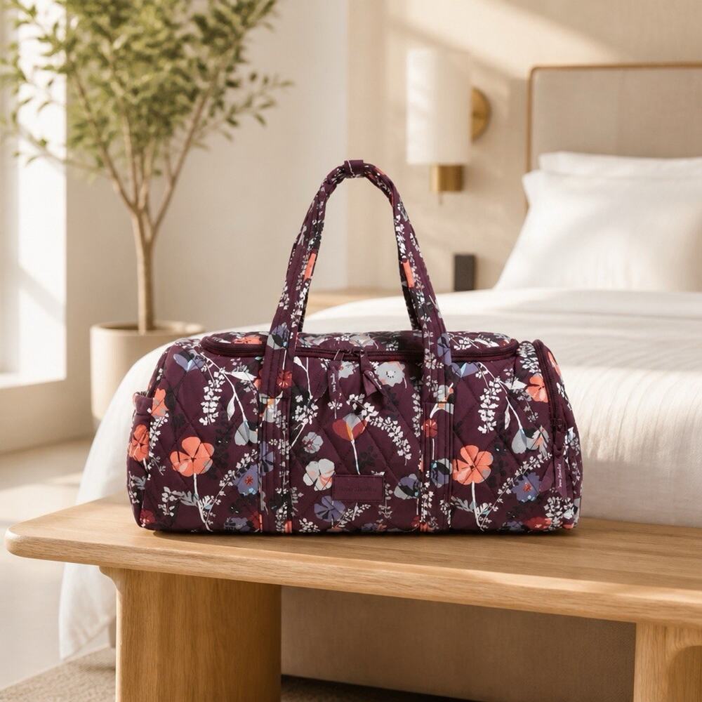 Vera Bradley Plum Floral Quilted Duffel with Pink and Coral Accents